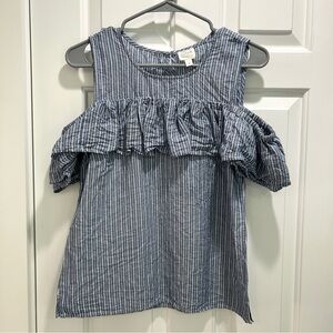 J. Crew Cold Shoulder Ruffle Blue White Striped Linen Blend Top Size 4
